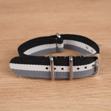 Black, White and Grey Striped NATO Watch Band