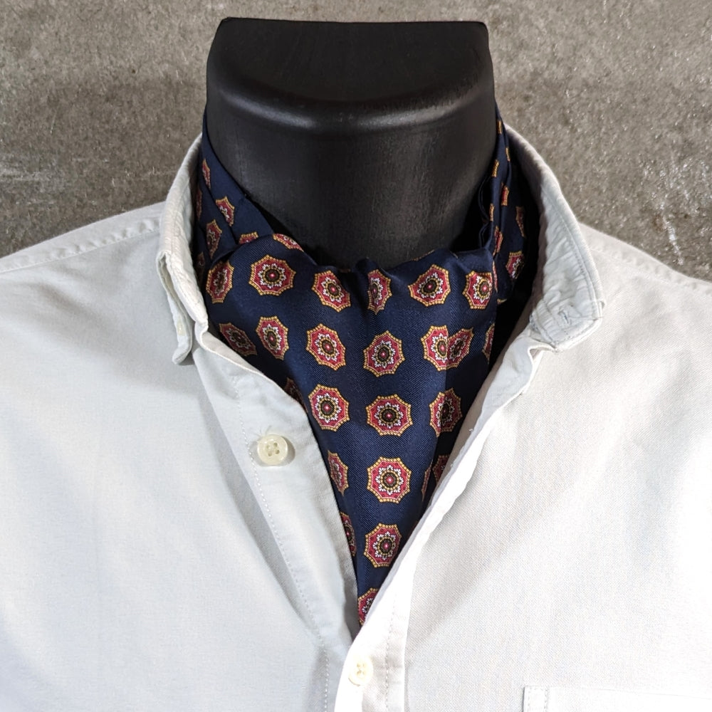 Geometric Floral Silk Ascot (navy blue)