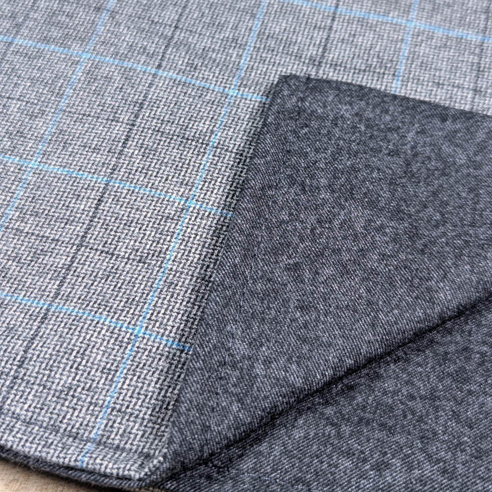 Glen Plaid and Plain Soft Wool Reversible Scarf (grey with light blue stripe)