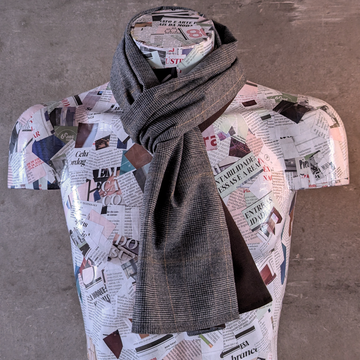 Glen Plaid and Plain Soft Wool Reversible Scarf (grey with golden stripe)