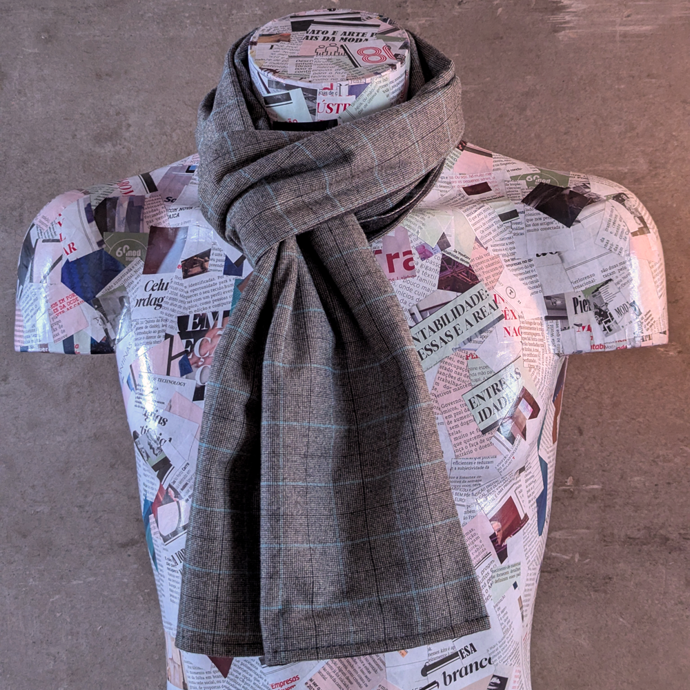Glen Plaid and Plain Soft Wool Reversible Scarf (grey with light blue stripe)