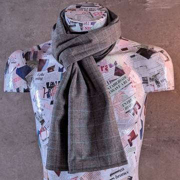 Glen Plaid and Plain Soft Wool Reversible Scarf (grey with light blue stripe)