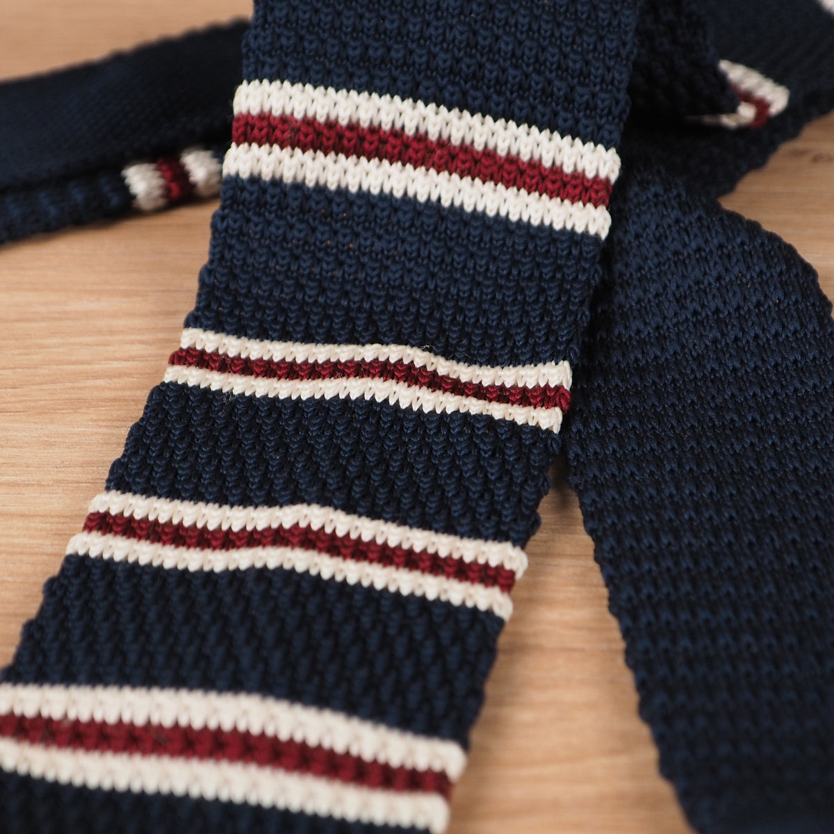 Preppy Striped Navy Blue Knit Tie